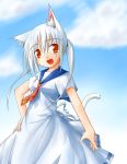  1girl animal_ears cat_ears cat_tail nene_(rokuwa) open_mouth original red_eyes school_uniform serafuku shirasagi_rokuwa sky solo tail twintails white_hair 