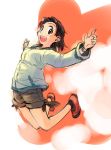  1girl :d brown_eyes brown_hair ikeda_jun_(mizutamari) jacket jumping looking_at_viewer open_mouth original outstretched_arms red_shoes shoes short_hair smile socks solo source_request spread_arms 