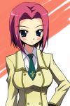  1girl blazer blue_eyes code_geass expressionless green_necktie hand_on_hip jacket kallen_stadtfeld looking_at_viewer necktie nippori orange_background redhead short_hair solo upper_body white_background 