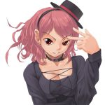  1girl 3 breasts choker cleavage hat large_breasts number red_eyes redhead solo sun-3 