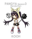  1girl :&lt; animal_ears animal_hood bell black_hair black_skirt cat_ears character_name chibi copyright_name full_body hood jingle_bell jitome kooh long_hair looking_away no_nose pangya red_eyes rockeight shoes skirt socks solo standing twintails weapon white_background 