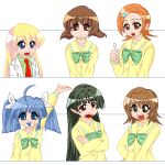  6+girls :o ahoge arm_up black_hair blonde_hair blouse blue_eyes blue_hair bow bowtie brown_hair child crossed_arms hair_bow hair_ornament hairclip hand_on_hip height_chart ichijou labcoat lineup long_hair long_sleeves lowres mask momose_kurumi multiple_girls necktie orange_hair pani_poni_dash! rebecca_miyamoto school_uniform serafuku shirt short_hair suzuki_sayaka tachibana_rei twintails uehara_miyako upper_body yellow_blouse yellow_shirt 