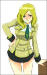  1girl arm_support bare_legs black_skirt blue_eyes breasts closed_mouth code_geass cowboy_shot expressionless hand_on_hip large_breasts leaning_forward long_sleeves looking_at_viewer milly_ashford miniskirt school_uniform shaded_face simple_background skirt solo uniform white_background 