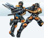  2boys bodysuit eternal_chaos full_body gradient gradient_background gun helmet holding holding_weapon looking_at_viewer lowres male_focus mmo multiple_boys running skin_tight weapon white_background 