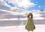  1girl 96 bare_bush clouds coat hairband kanon lens_flare looking_at_viewer mittens nannaru_(nananana) outdoors sky snow solo standing sun tsukimiya_ayu 