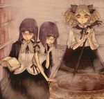  3girls book cauldron conjoined drill_hair glasses jinno_(icarus) multiple_girls siblings steam twins witch yellow_eyes 