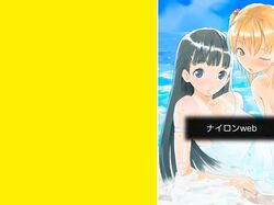  2girls black_eyes black_hair blonde_hair brown_eyes multiple_girls nylon one_eye_closed original swimsuit tan tanline 