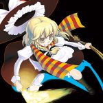  1girl apron blonde_hair bloomers braid broom female fire hat holding juliet_sleeves kabayaki_unagi kirisame_marisa long_sleeves lowres puffy_sleeves scarf shirt side_braid skirt smile solo striped striped_scarf touhou underwear white_shirt witch_hat yellow_eyes 