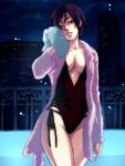  1girl black_hair breasts casual_one-piece_swimsuit cleavage drying elisabeth_blanctorche kabane_(follabi) king_of_fighters lowres one-piece_swimsuit one_eye_closed robe short_hair snk solo swimsuit the_king_of_fighters wet wince wink 