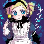  1girl apron blonde_hair blue_eyes bow bowtie bubble cape drill_hair goutokuji_miyako hairband hat juliet_sleeves long_sleeves looking_at_viewer lowres maid_apron oekaki powerpuff_girls powerpuff_girls_z puffy_sleeves rolling_bubbles smile solo translation_request twin_drills wand witch_hat 