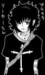  1girl bangs black_lagoon character_name copyright_name cross frederica_sawyer gengorou gothic hair_over_one_eye looking_at_viewer messy_hair monochrome sawyer_the_cleaner scar short_hair solo striped 