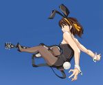  1girl animal_ears blue_background brown_hair bunnysuit daicon daicon_bunny_girl daicon_iv electric_guitar gradient gradient_background guitar instrument lowres pantyhose parody rabbit_ears short_hair simple_background solo suzumiya_haruhi suzumiya_haruhi_no_yuuutsu takahashi_ren 