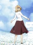  00s 1girl arcueid_brunestud blonde_hair highres long_skirt moon official_art red_eyes short_hair skirt solo sweater tsukihime turtleneck 