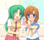  2girls blue_eyes blush brown_hair fuyuichi green_eyes green_hair higurashi_no_naku_koro_ni multiple_girls necktie one_eye_closed ponytail red_necktie ryuuguu_rena school_uniform serafuku sonozaki_mion tears wink 