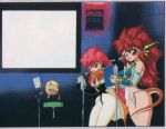  2girls 90s alternate_hair_color big_hair bikini book damaramu damaramu_(dragon_half) dragon_half elbow_gloves gloves horns long_hair microphone mink mink_(dragon_half) multiple_girls official_art pink_hair redhead scan scan_artifacts seiyuu swimsuit tail veena veena_(dragon_half) 