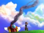  1boy crash dian gummi_ship kingdom_hearts kingdom_hearts_ii male_focus outdoors scenery sky smoke solo sora_(kingdom_hearts) wallpaper 