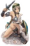  1girl amazon armor armored_dress armpits bare_shoulders blue_eyes braid face female full_body gladiator_sandals hair_ribbon holding holding_sword holding_weapon laurel_crown long_hair looking_away looking_to_the_side low-tied_long_hair no_socks parted_bangs ribbon sandals shield single_braid solo sophitia_alexandra soul_calibur soulcalibur_iii sword tea_(nakenashi) toeless_footwear weapon 