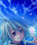  1boy blue_background blue_eyes butterfly clouds genius_sage lowres male_focus silver_hair sky solo tales_of_(series) tales_of_symphonia 