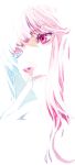  1girl bangs blue_eyes blue_hair chiyoko close-up closed_mouth face finger_to_mouth heterochromia light_frown long_hair looking_away looking_to_the_side multicolored_hair original pale_skin pink_eyes pink_hair simple_background solo white_background 