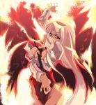  1girl artist_request breasts female fire fujiwara_no_mokou long_hair long_sleeves looking_at_viewer medium_breasts red_eyes solo tearing_clothes torn_clothes touhou very_long_hair white_hair 