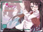  00s 1girl :d blush brown_hair character_name copyright_name glasses hits long_hair long_sleeves looking_at_viewer okiura open_mouth read_or_die shirt smile solo vest violet_eyes white_shirt yomiko_readman 