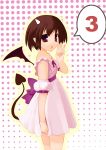  1girl 3 brown_hair demon_girl halftone himukai_kyousuke horns number number_3 open_mouth original pointy_ears red_eyes short_hair solo tail wings 
