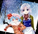  2girls bat_wings female hirafumi izayoi_sakuya multiple_girls nature outdoors perfect_cherry_blossom plant remilia_scarlet scarf sky snow snowing touhou tree wings 