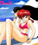  1boy 1girl beach bikini blue_eyes blush braid genderswap hibiki_ryouga kj_(k777) panda ranma-chan ranma_1/2 redhead saotome_genma saotome_ranma single_braid swimsuit v 