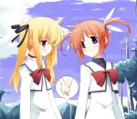  2girls blonde_hair bow brown_hair fate_testarossa hand_holding lowres lyrical_nanoha mahou_shoujo_lyrical_nanoha mahou_shoujo_lyrical_nanoha_a&#039;s multiple_girls red_bow red_eyes sakuraba_yuuki school_uniform takamachi_nanoha twintails violet_eyes 