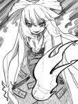  1girl bow clenched_hand evil_smile female fire fujiwara_no_mokou hair_bow hair_ribbon hand_on_hip long_hair looking_at_viewer mizumi_(artist) monochrome pants ribbon shaded_face shirt smile solo suspenders touhou very_long_hair 