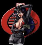  1girl baroness baroness_(g.i._joe) belt black_hair blue_eyes bodysuit breasts center_opening cleavage dual_wielding e.k_weaver ek_weaver g.i._joe glasses gun handgun large_breasts lipstick long_hair lowres makeup mauser_c96 skin_tight solo something_awful unzipped weapon 