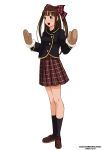  1girl :d bangs black_legwear blazer blunt_bangs blush brown_eyes brown_hair brown_shoes buttons full_body jacket kneehighs legs loafers long_hair long_sleeves looking_at_viewer mittens open_mouth original plaid plaid_skirt red_skirt ribbon ryu_(ryu&#039;s_former_site) school_uniform serafuku shoes simple_background skirt smile solo twintails white_background 