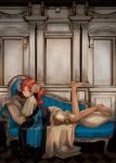  1girl architecture barefoot bloomers blue_upholstery bow couch dress feet hair_ornament layered_clothing legs long_hair looking_at_viewer lying on_stomach orange_hair pantaloons pillow redhead ringlets solo tufted_upholstery underwear victorian 