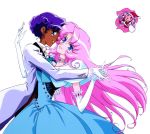  2girls 90s blue_dress blue_eyes crossdressinging dark_skin dress formal glasses green_eyes himemiya_anthy hug multiple_girls pant_suit pink_hair role_reversal shoujo_kakumei_utena suit tenjou_utena yuri 