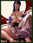  1girl barefoot breasts cleavage feet female japanese_clothes kagami_hirotaka kimono nico_robin one_piece petals purple_hair sitting solo 