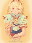  1girl alice_margatroid apron blonde_hair bow capelet chiki_(botsugo) female hair_bow hairband hand_on_hip hands holding hourai hourai_doll lance looking_at_viewer minigirl polearm ribbon short_hair smile solo standing touhou upper_body weapon 