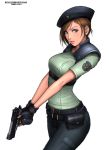 1girl armor belt belt_pouch beret blue_eyes blush breasts brown_hair cropped_legs feet_out_of_frame female fighting_stance fingerless_gloves gloves gun handgun hat holding holding_gun holding_weapon jill_valentine lipstick makeup medium_breasts military military_uniform pants parted_lips police resident_evil ryu_(ryu&#039;s_former_site) short_hair short_sleeves simple_background solo standing uniform weapon white_background 