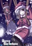  2girls black_legwear christmas multiple_girls one_eye_closed pantyhose parachute santa_costume skydive snow snowing wink 