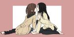  2girls barefoot black_hair brown_hair closed_eyes couple feet footwear hand_holding jiyu2 kiss kneeling multiple_girls original sitting socks sweater turtleneck yuri 