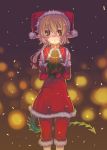  1girl berries candle christmas elbow_gloves female fur_trim gloves hat holly monster_girl oira oira_(kagaribi) original pointy_ears red_gloves santa_costume santa_hat snow snowing solo tail x-mas yellow_eyes 