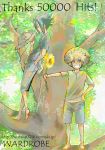  2boys artist_request black_hair blue_eyes closed_eyes flower grin hand_in_pocket hand_on_hip hat hips hits in_tree leaf male_focus multiple_boys naruto outstretched_arm short_hair shorts smile standing straw_hat sun_hat sunflower tree uchiha_sasuke uzumaki_naruto whisker_markings whiskers 