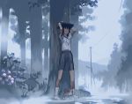  1girl bag dog female flower forest full_body hydrangea nature original outdoors power_lines puppy rain school_bag school_briefcase school_uniform serafuku short_hair sky solo standing takamichi 