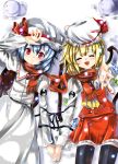  2girls black_legwear blonde_hair blue_hair blush brooch closed_eyes dress female flandre_scarlet foreshortening hand_holding hand_on_forehead hat hat_ribbon jewelry looking_at_viewer multiple_girls outstretched_arm outstretched_hand red_eyes remilia_scarlet ribbon scarf shared_scarf sho_(runatic_moon) short_hair siblings sisters smile snow snowing thigh-highs touhou wings zettai_ryouiki 