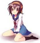  1girl brown_hair kneeling mei school_uniform serafuku short_hair smile solo subaru_(yachika) suzumiya_haruhi suzumiya_haruhi_no_yuuutsu 