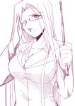  1girl breasts fate/stay_night fate_(series) fue_(rhomphair) glasses large_breasts monochrome pointer purple rider solo teacher 