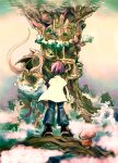  1boy androgynous artist_request building castle clouds copyright_request denim dragon dress fantasy from_behind jeans mushroom pants purple_hair roots short_hair solo standing tower white_dress wind 