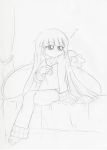  1girl akazutsumi_momoko bangs blunt_bangs couch full_body hyper_blossom long_hair looking_to_the_side monochrome on_couch powerpuff_girls powerpuff_girls_z simple_background sketch solo very_long_hair white_background 