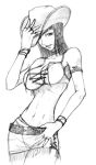  1girl alabasta armband belt bracelet breasts cleavage cowboy_hat female hand_on_headwear hat jewelry lace_up_front lacing large_breasts midriff miniskirt monochrome nico_robin one_piece pencil_skirt ring sketch skirt solo 