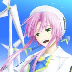  1girl aria bow face green_eyes happy hat mizunashi_akari ogata open_mouth pink_hair ribbon smile solo twintails uniform 
