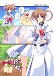  00s 1girl :o blood bow bowtie comic dress ferret holding holding_weapon ichino long_sleeves looking_at_viewer lyrical_nanoha magical_girl mahou_shoujo_lyrical_nanoha nosebleed parted_lips polearm raising_heart red_bow red_bowtie rod staff takamachi_nanoha twintails uniform weapon white_dress yuuno_scrya 